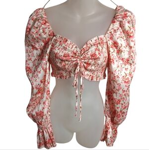 O. Vianca Wisteria Floral Smocked Puff Sleeve Crop Top Cottagecore Sz L